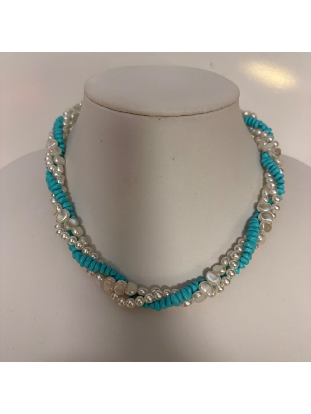 Vintage Braided Turquoise Color Lucite Beads Faux Pearl Necklace Barrel Clasp